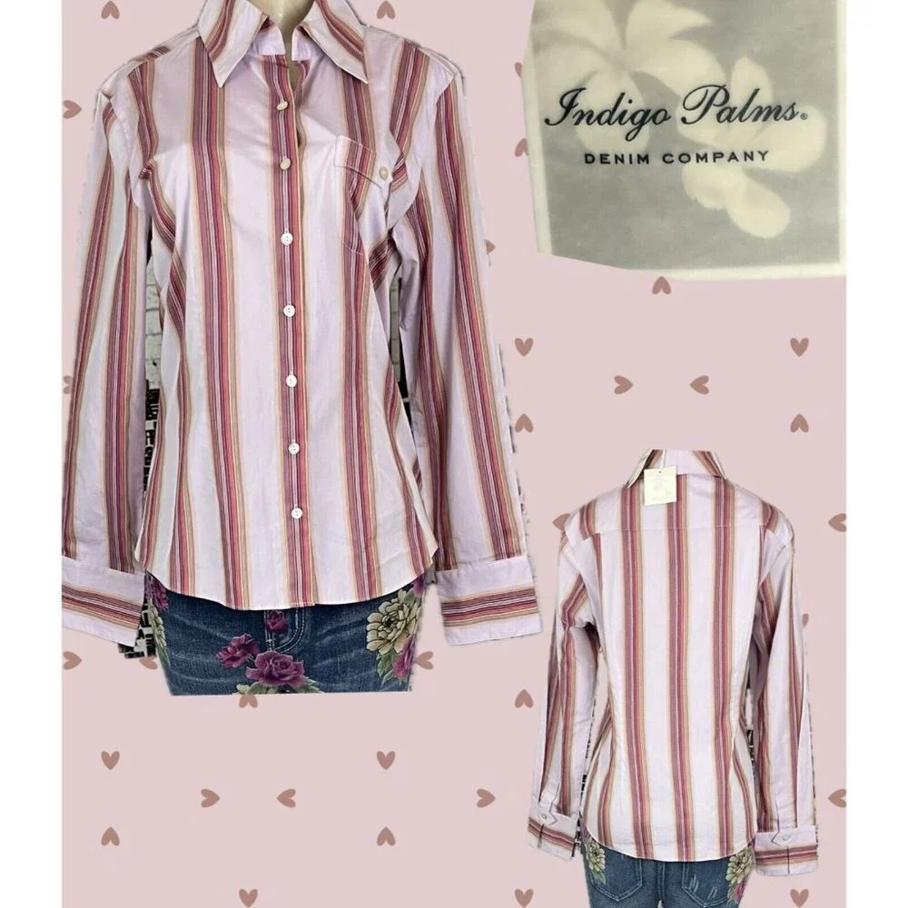 Indigo Palms L French Lilac Multi Striped Button Collar Cotton Long Sleeve Shirt